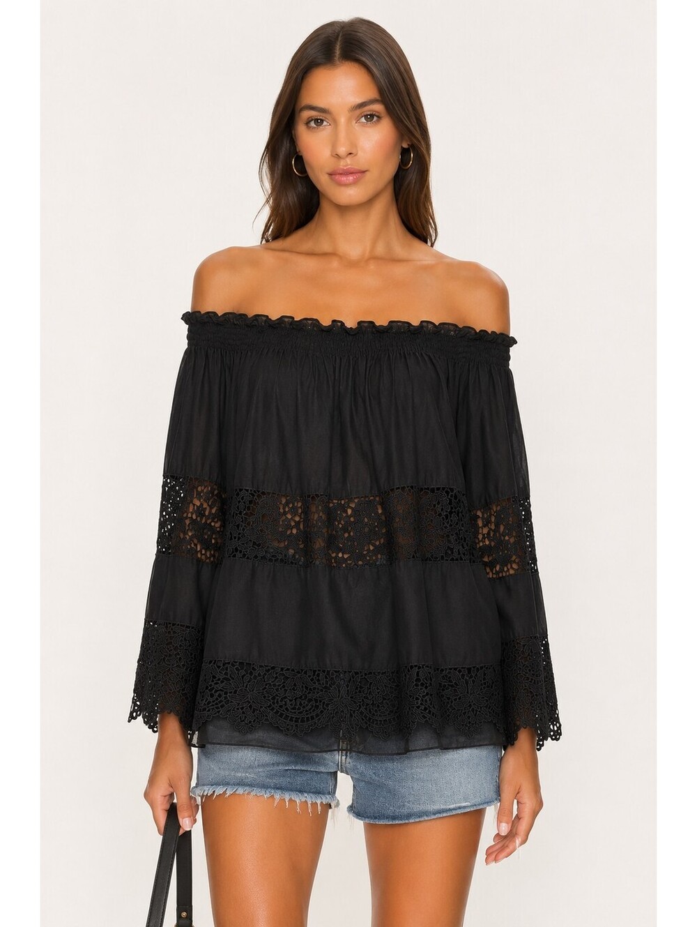 Just M Black Off Shoulder Silk Blend Lace Trim Boho Peasant Top Size M